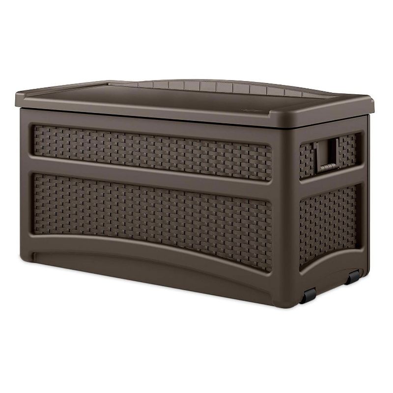 73 Gallon Deck Box With Seat with Suncast Resin Wicker Trash Hideaway