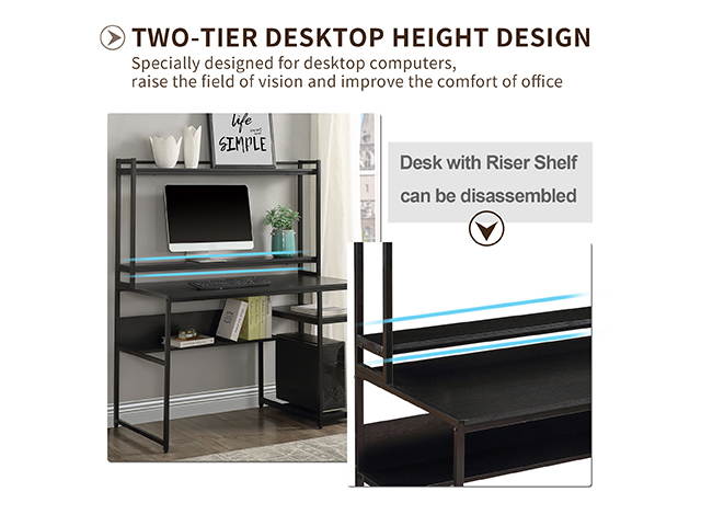 Home Office Game Table Computer Desk with 2-Tier Bookshelf and Open Storage Shelf Equipped with Removable Monitor Riser,Brown,GT55