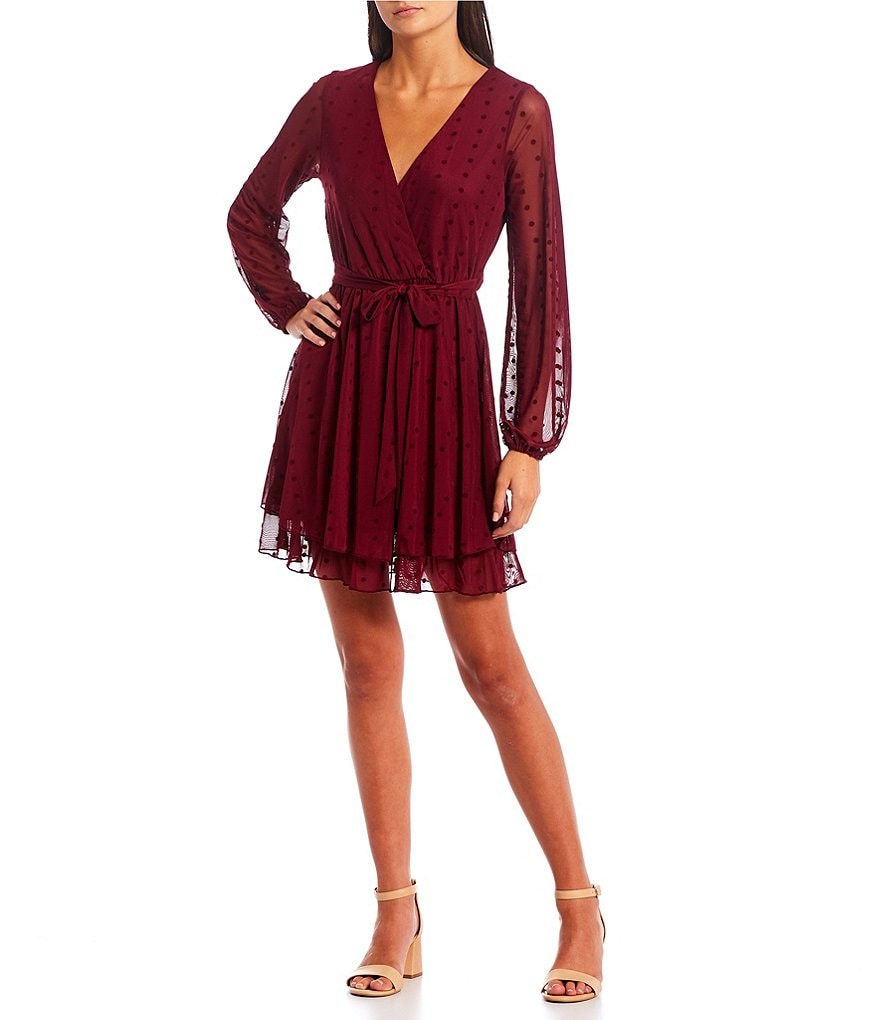 Allison & Kelly Long Sheer Sleeve Surplice Neck Flocked Dot Tiered Dress