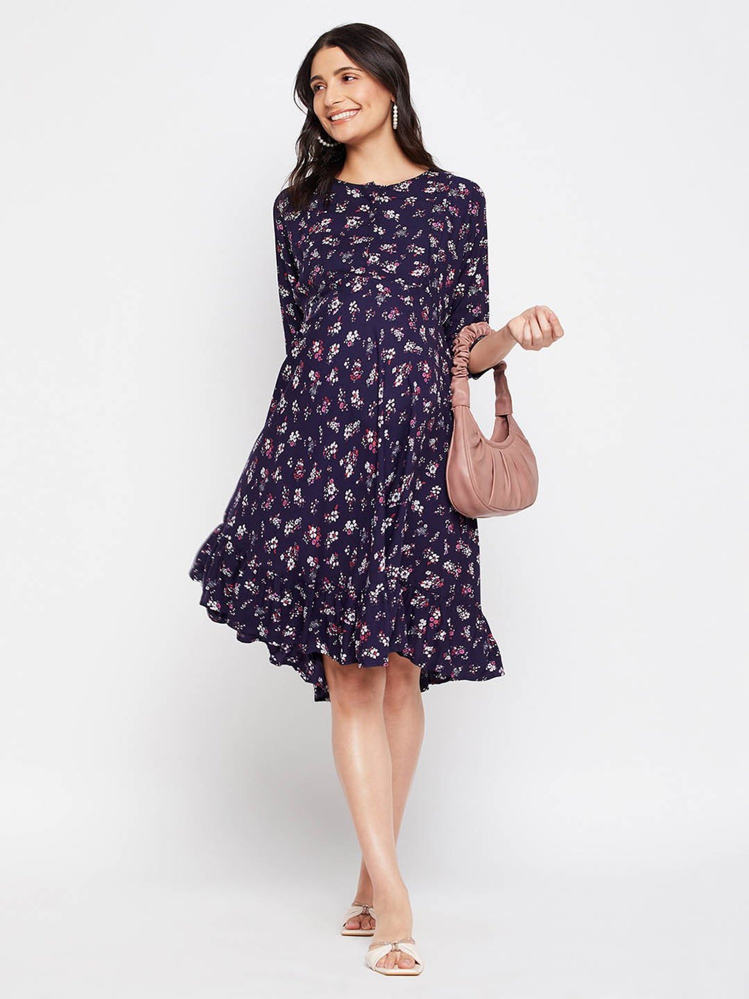 Hypernation Navy Rayon Floral Print Maternity Dress