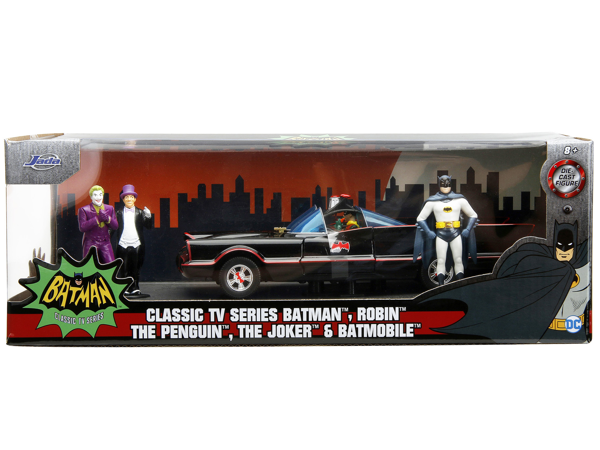 1966 Classic Batmobile with Diecast Batman The Joker The Penguin and Plastic Robin Sitting Inside The Car "Batman" TV Series (1966) "Hollywood Rides" Series 1/24 Diecast Model Car by Jada