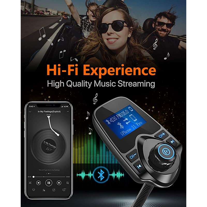 Wireless In-Car Bluetooth FM Transmitter Radio Adapter Car Kit W 1.44 Inch Display Supports TF/SD Card and USB Car Charger for All Smartphones Audio Players