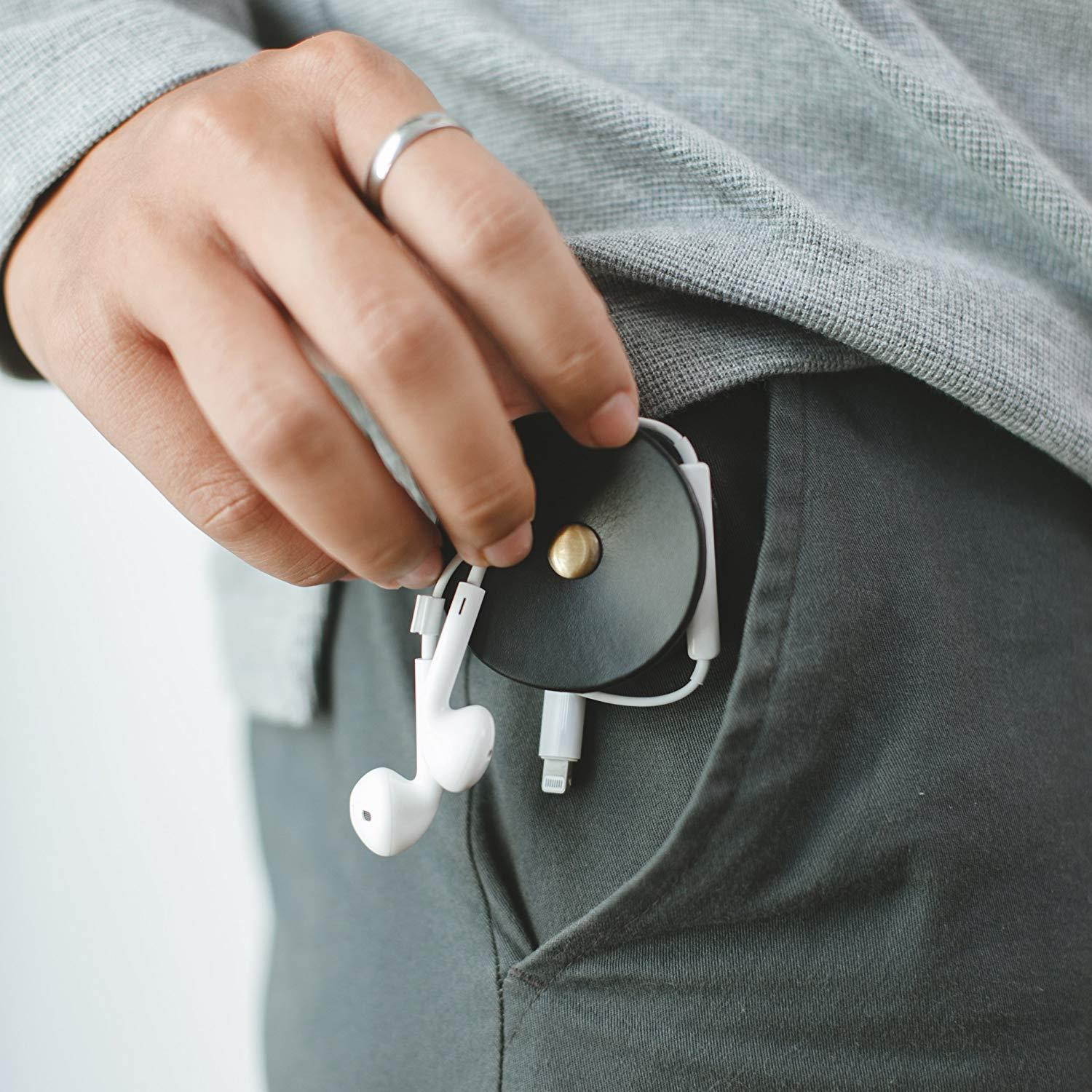 TunePoint Leather Cord Organizer for Earphones/Earbud Holder (Dark Navy)