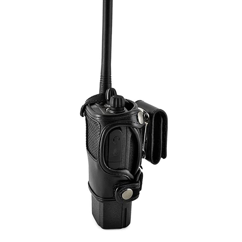Carry Holder for CP200d Fire and Police Security Two Way Radio Belt Clip Holster Case Black Leather Pouch with Heavy Duty Rotating Ratcheting 225quot Belt Loop Made in USA