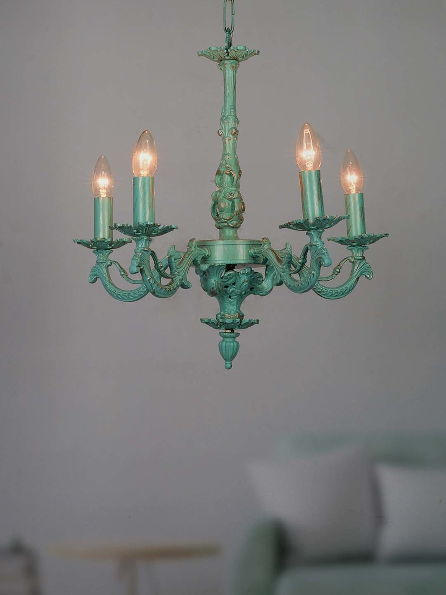 FOS LIGHTING Distressed White & Green Aluminium 5-In-1 Candlebra Chandelier