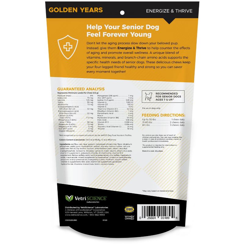 VetriScience Laboratories Golden Years Energize & Thrive Multivitamin for Senior Dogs Chicken Flavor Bite-Sized Chews