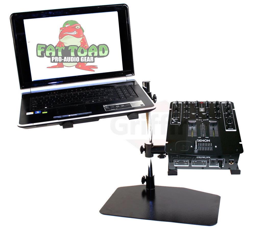 Double DJ Laptop Stand by FAT TOAD | 2 Tier PC Table Holder | Portable Computer Clamp Equipment Rack with Duel Mounts for Music Studio Mixers, Controllers, Monitors, CD Player & Disc Jockey Booth Gear