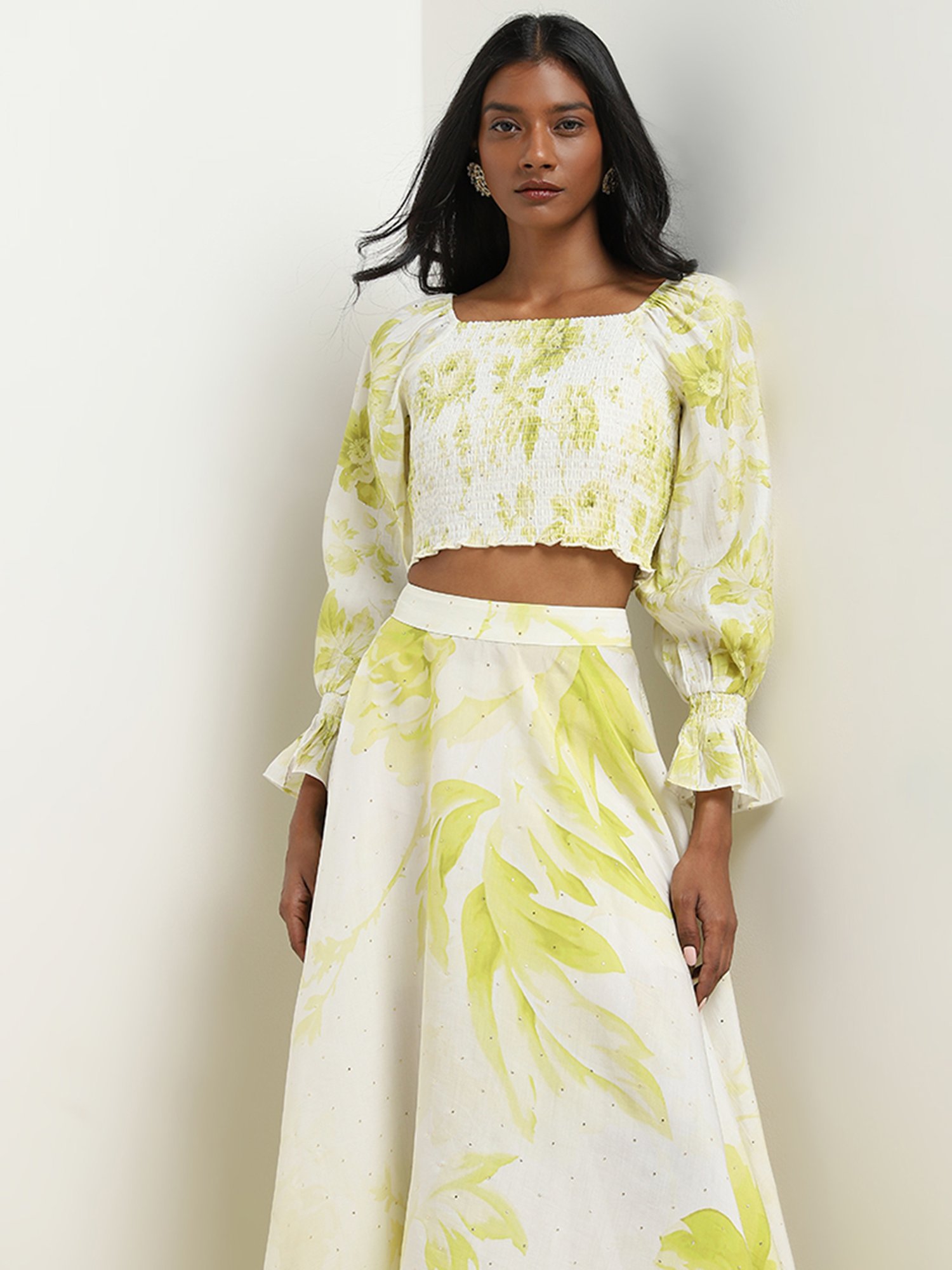 Vark by Westside Lime Floral Printed Top with High-Rise Skirt Set