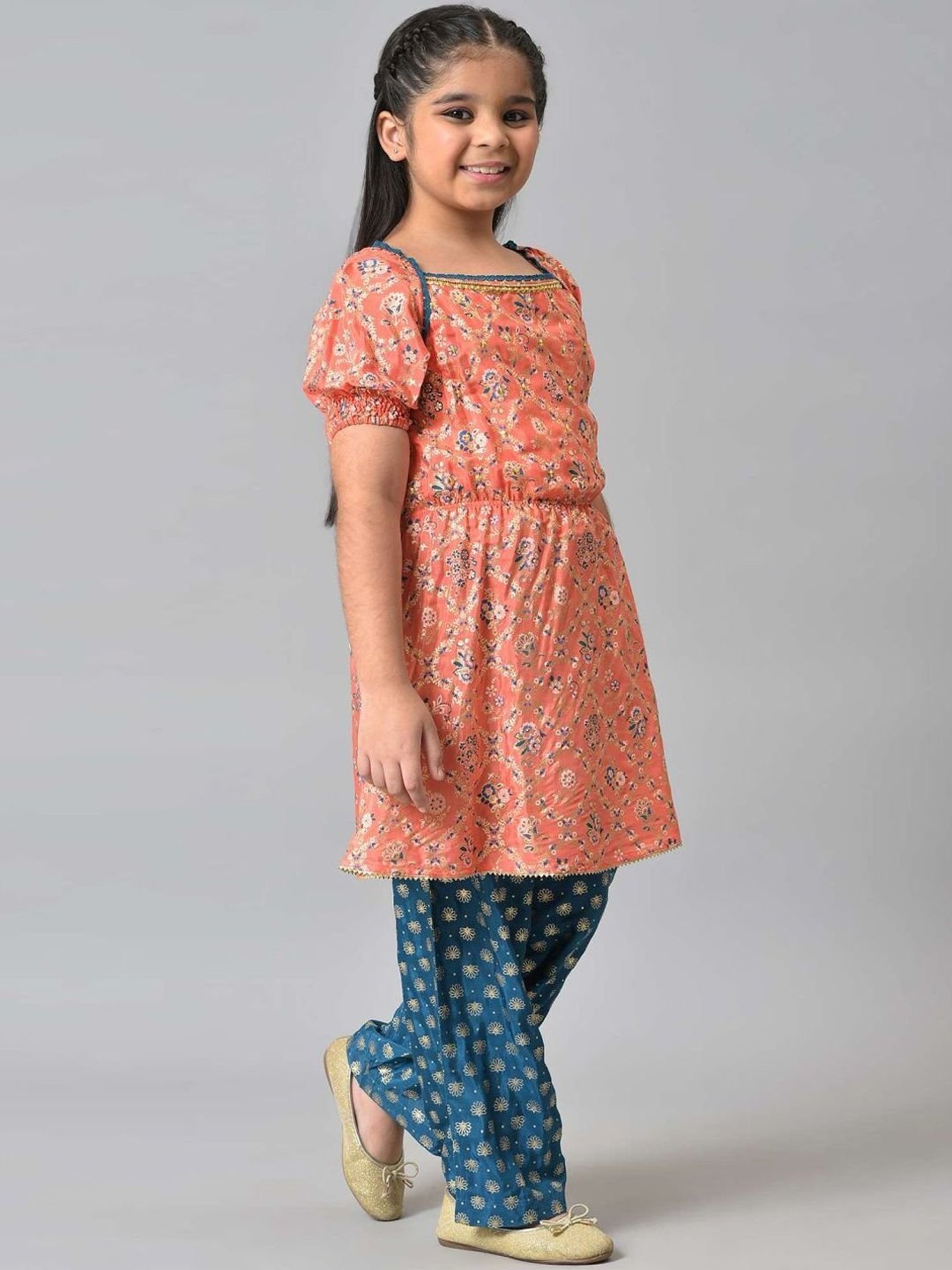 Aurelia Kids Peach & Blue Floral Print Kurta Set