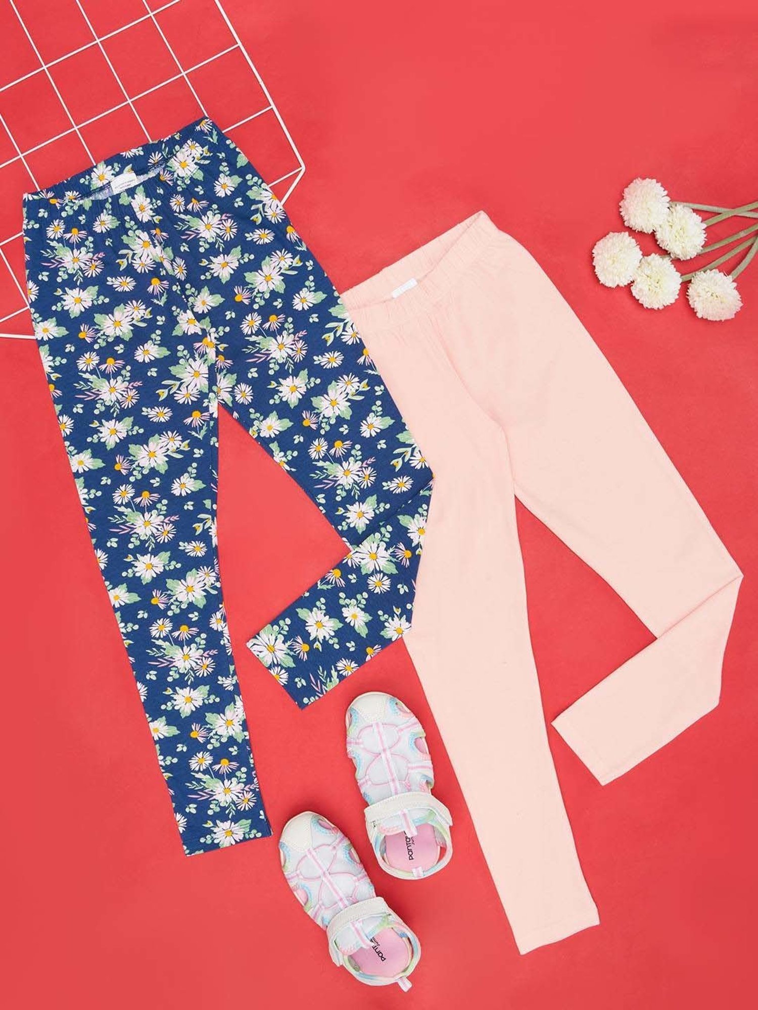 YU by Pantaloons Girls Navy & Peach Cotton Floral Print Leggings (Pack of 2)