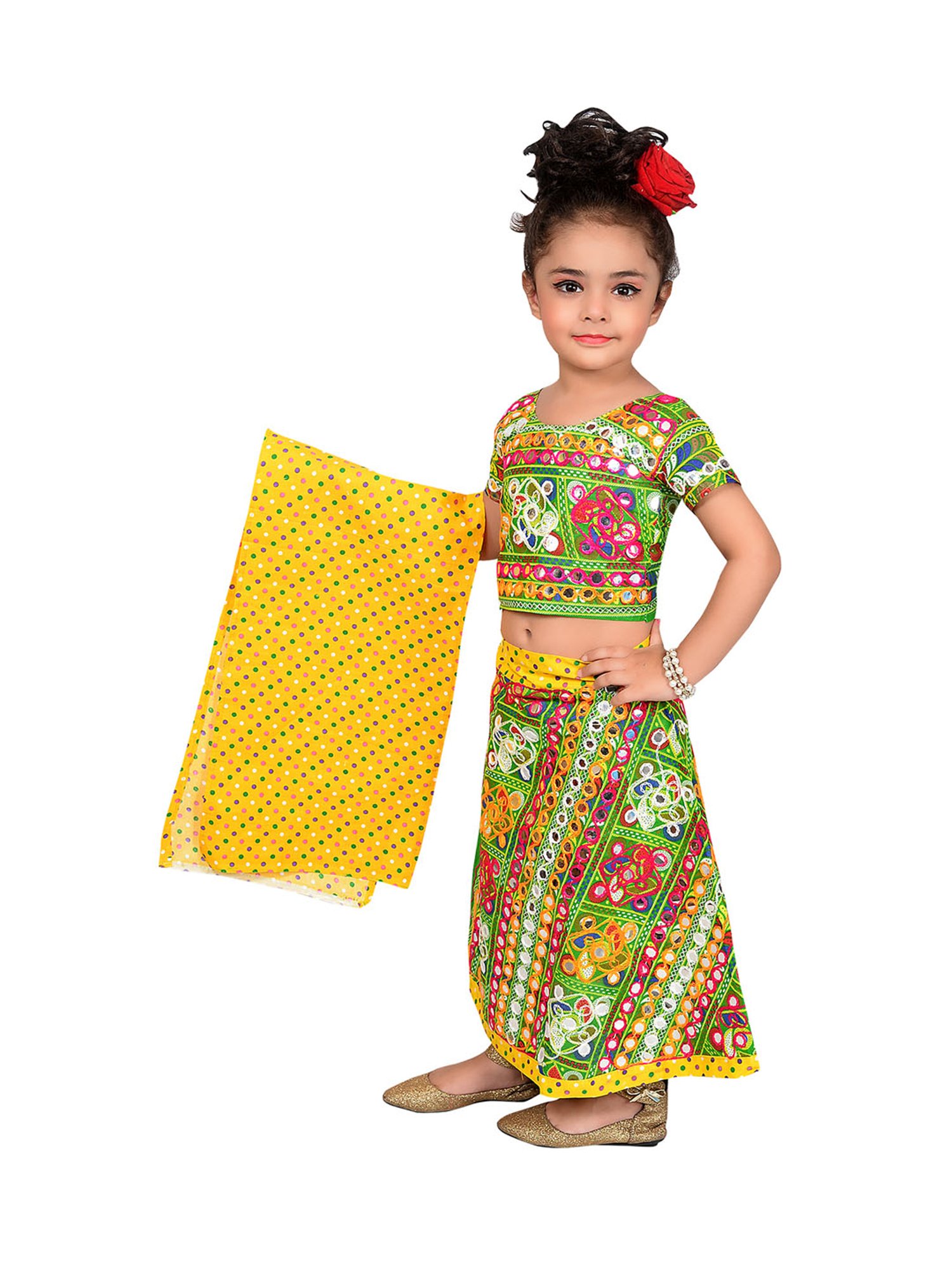 Ahhaaaa Kids Green & Yellow Embroidered Choli, Lehenga with Dupatta
