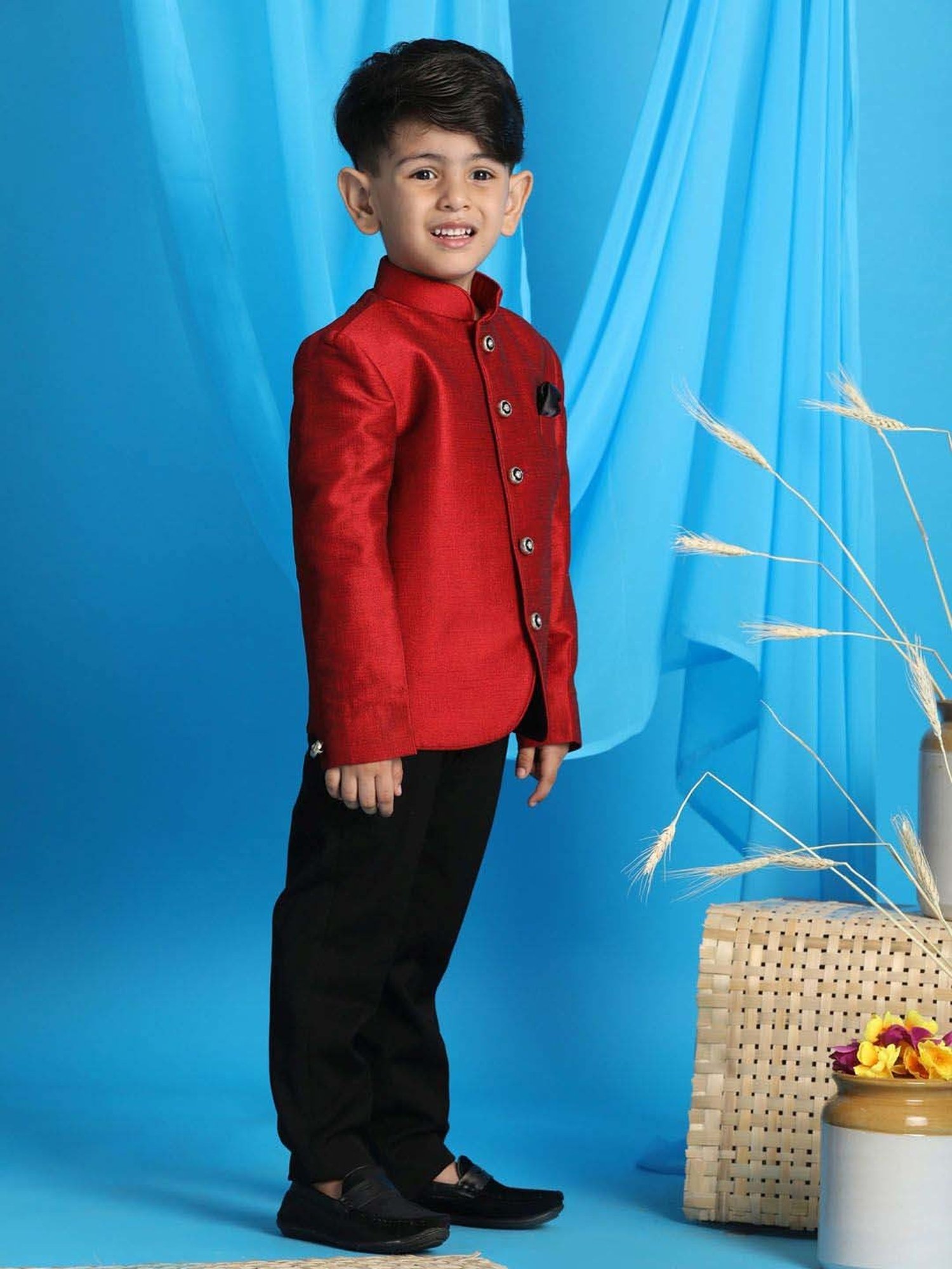 VASTRAMAY Boys Maroon Solid Full Sleeves Indowestern