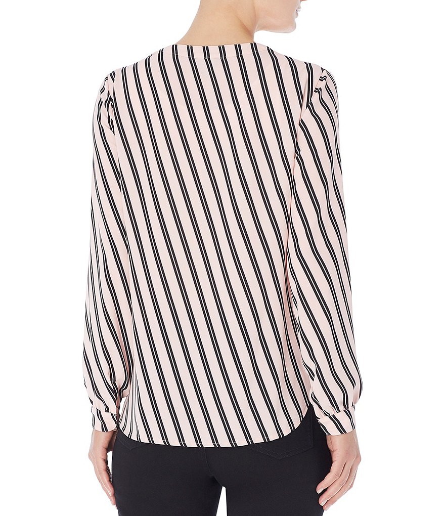 Jones New York Diagonal Stripe Print Banded Split V-Neck Long Sleeve Crepe Blouse