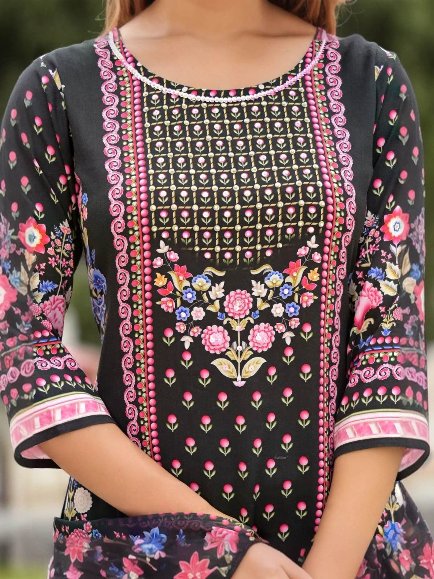 Juniper Black Floral Print Kurta Pant Set With Dupatta