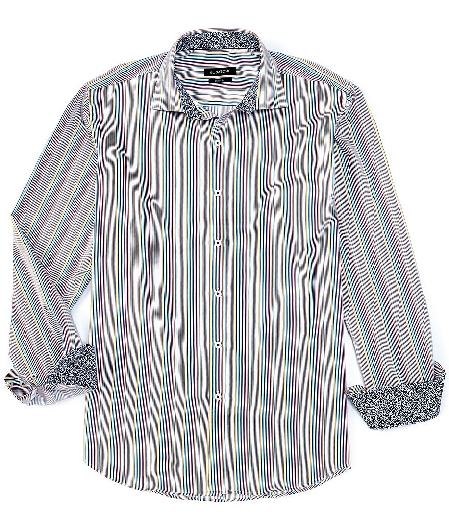 Bugatchi Multi-Color Vertical Stripe Long-Sleeve Woven Shirt