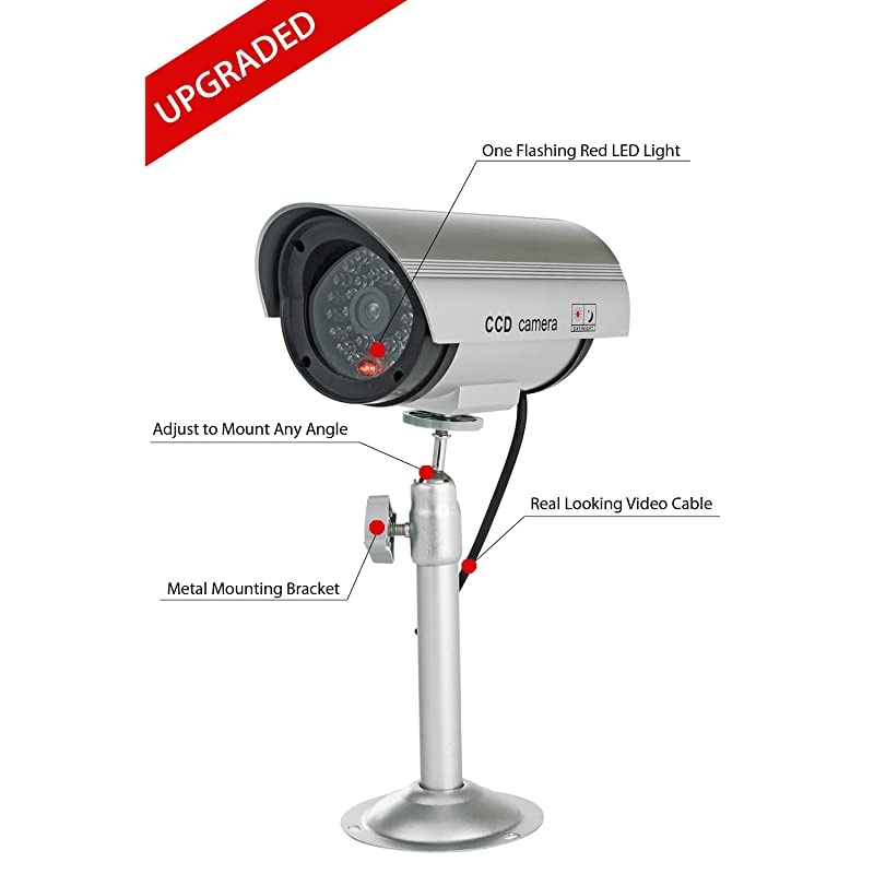 2 Pack) Dummy Security Camera, Fake Bullet CCTV Surveillance System with Realistic Look Recording LEDs + Bonus Warning Sticker - Indoor/Outdoor Use, for Homes & Business- by