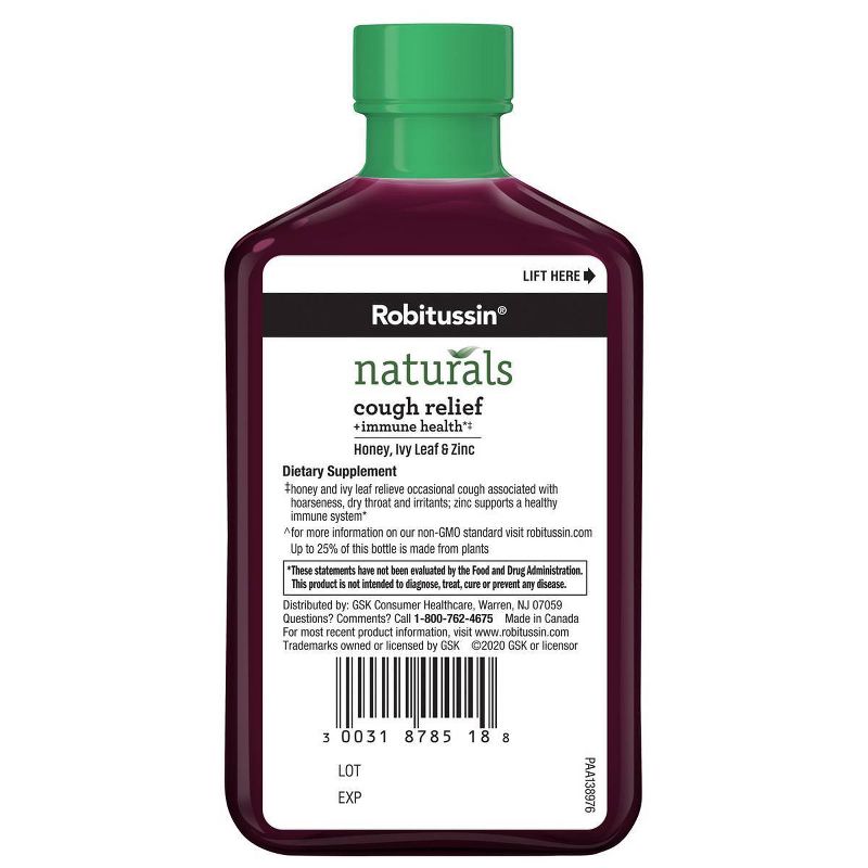 Robitussin Naturals Cough Relief & Immune Health Syrup - Honey, Ivy Leaf & Zinc with Real Elderberry - 8.3 fl oz