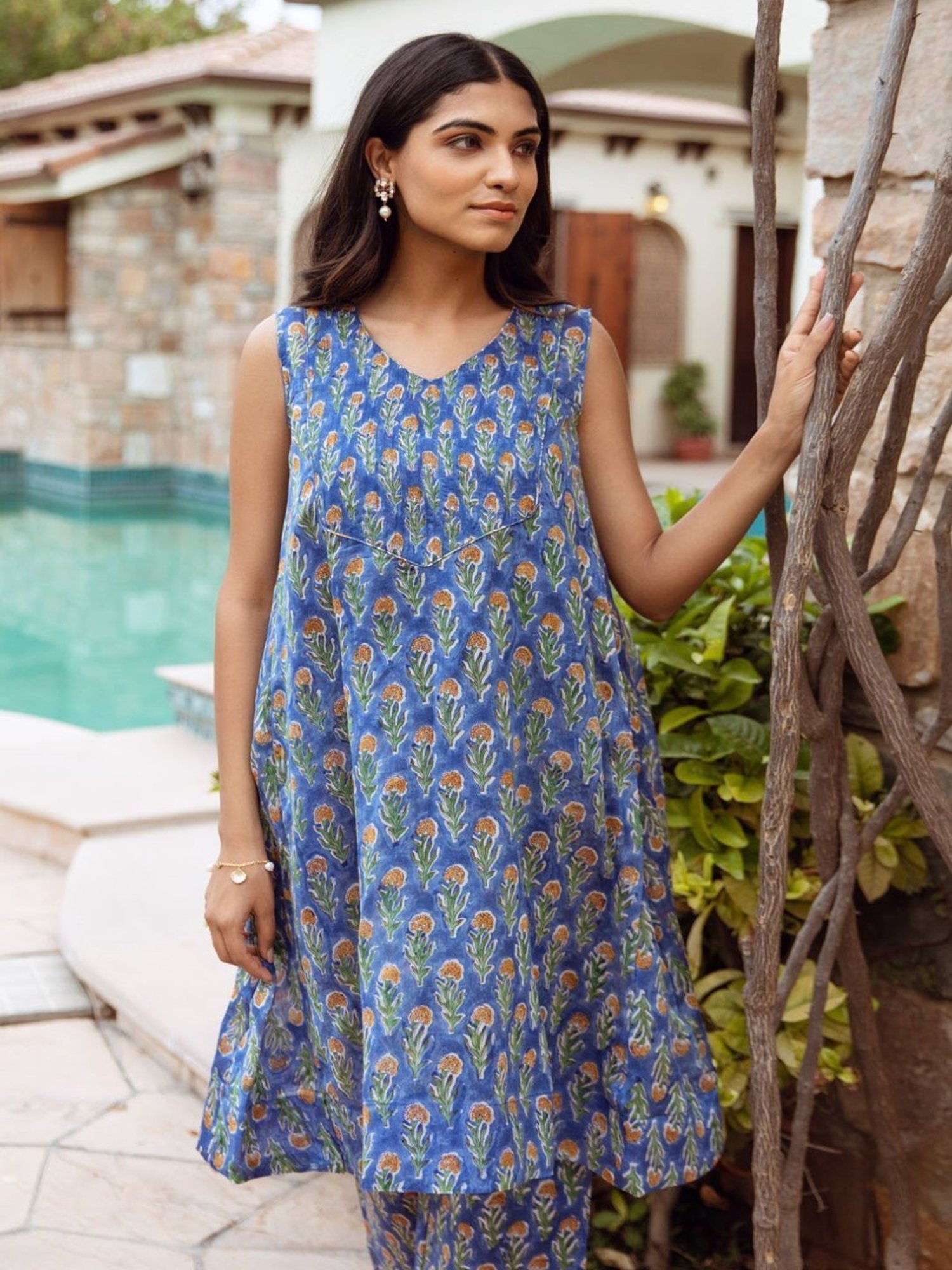 Asrumo Blue Handblock Chanderi A-Line Kurta Style Coord Set