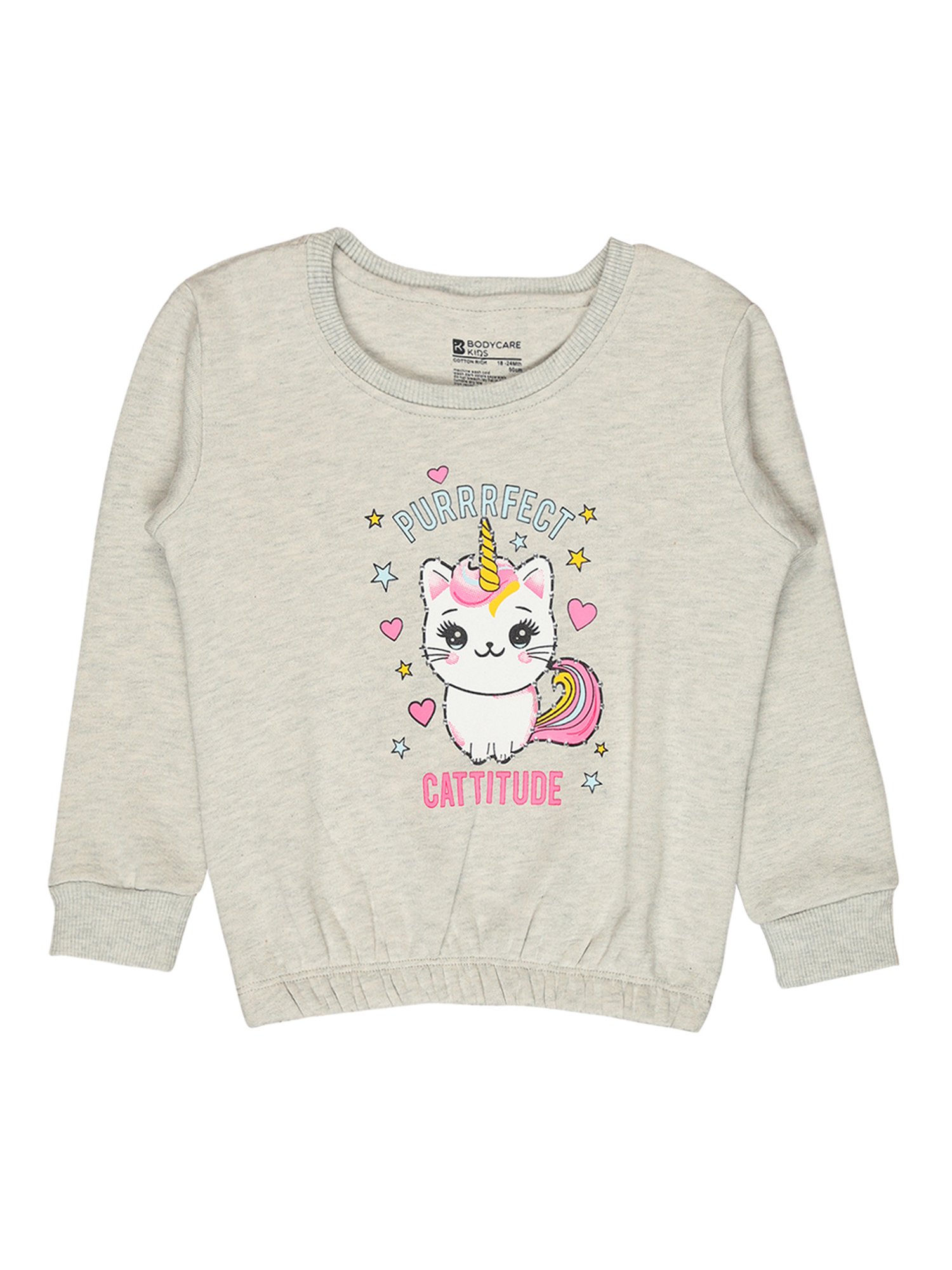 Bodycare Kids Grey Melange Embellished Full Sleeves Sweatshirt