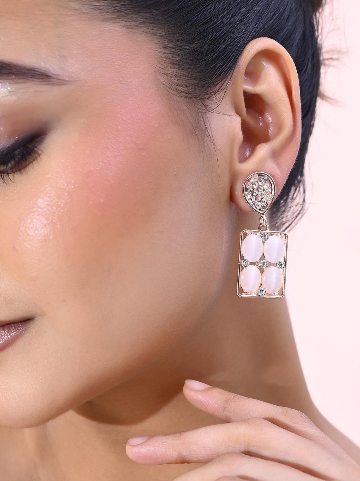 VOJ Rose Gold Plated Stone Studded Rectangular Drop Earrings for Women