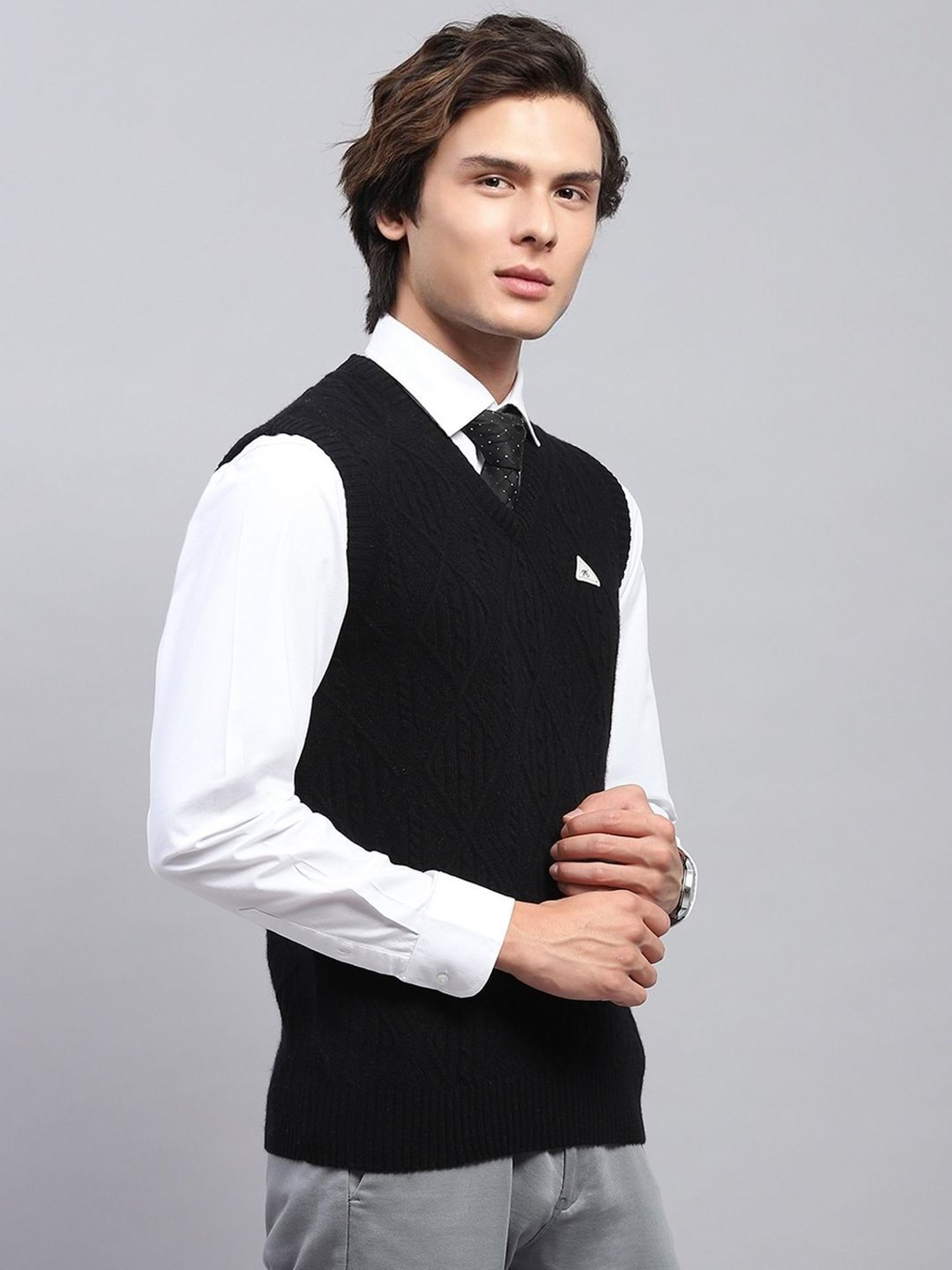 Monte Carlo Black Regular Fit Self Pattern Sweaters