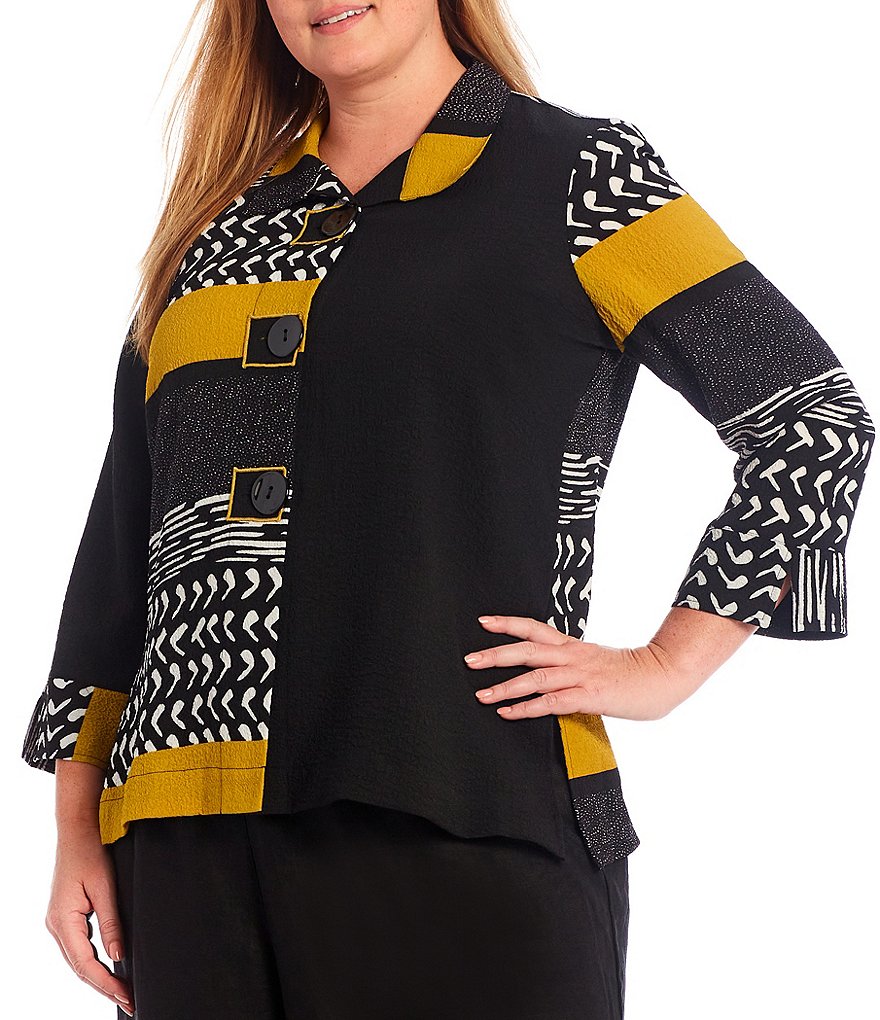 Democracy Plus Size Floral Print 3/4 Puff Sleeve V-Neck Knit Top