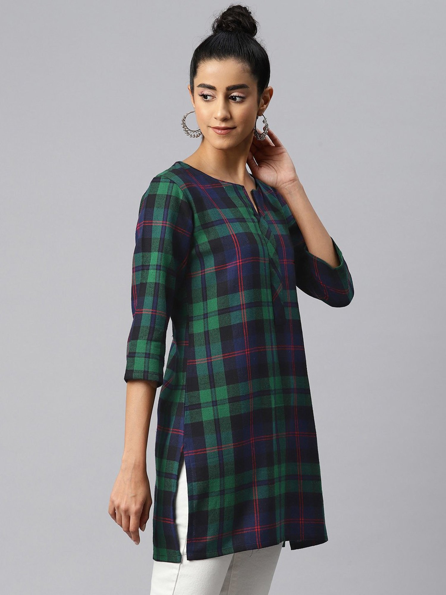 One Femme Green & Blue Check A Line Kurti