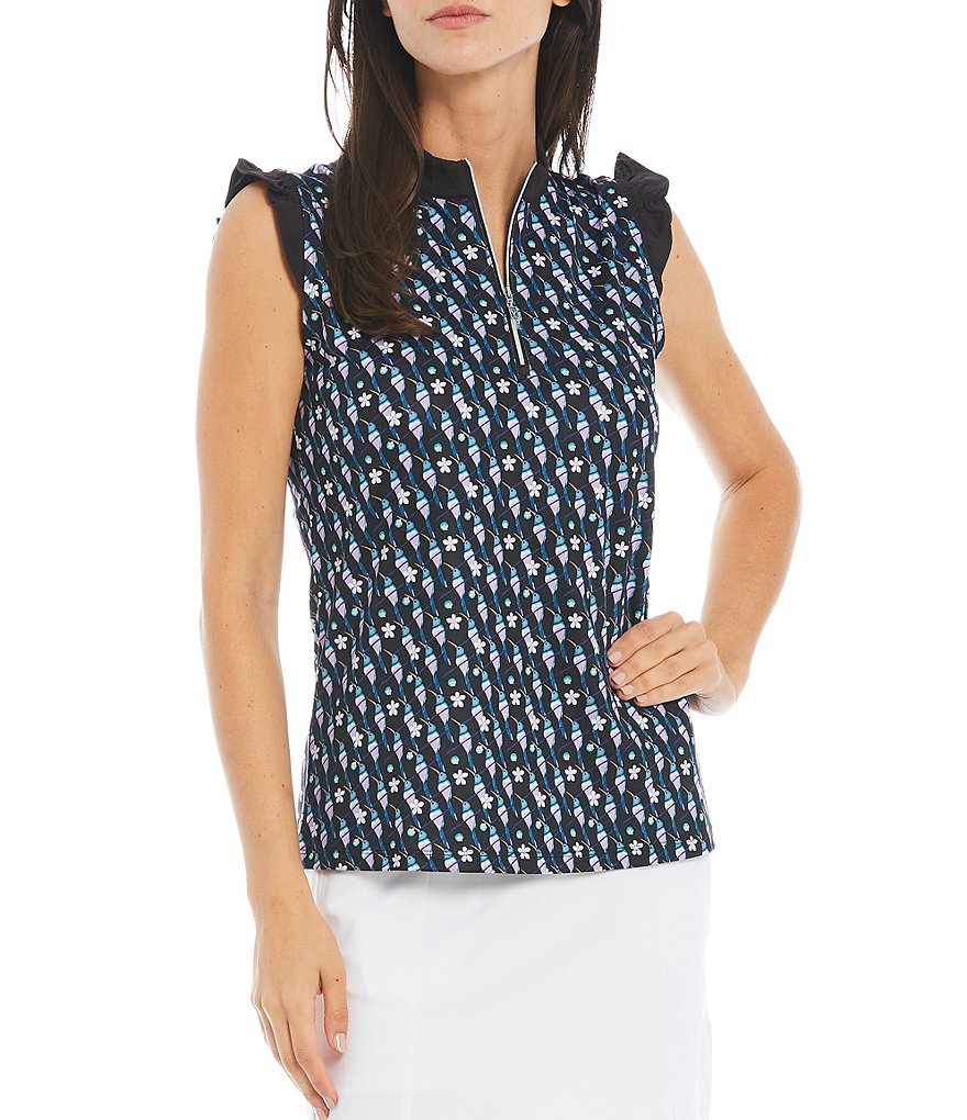 Callaway Sleeveless Ruffles Hummingbird Print Opti-Dri&trade; Polo Top