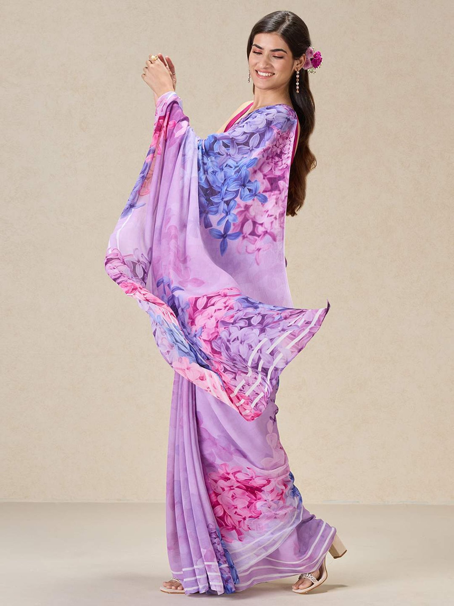 navyasa by liva Purple Printed Saree With Unstitched Blouse