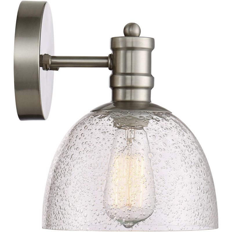 Franklin Iron Works Industrial Farmhouse Wall Light Sconce LED Brushed Nickel 9 1/4" High Fixture Seedy Glass for Bedroom Bathroom