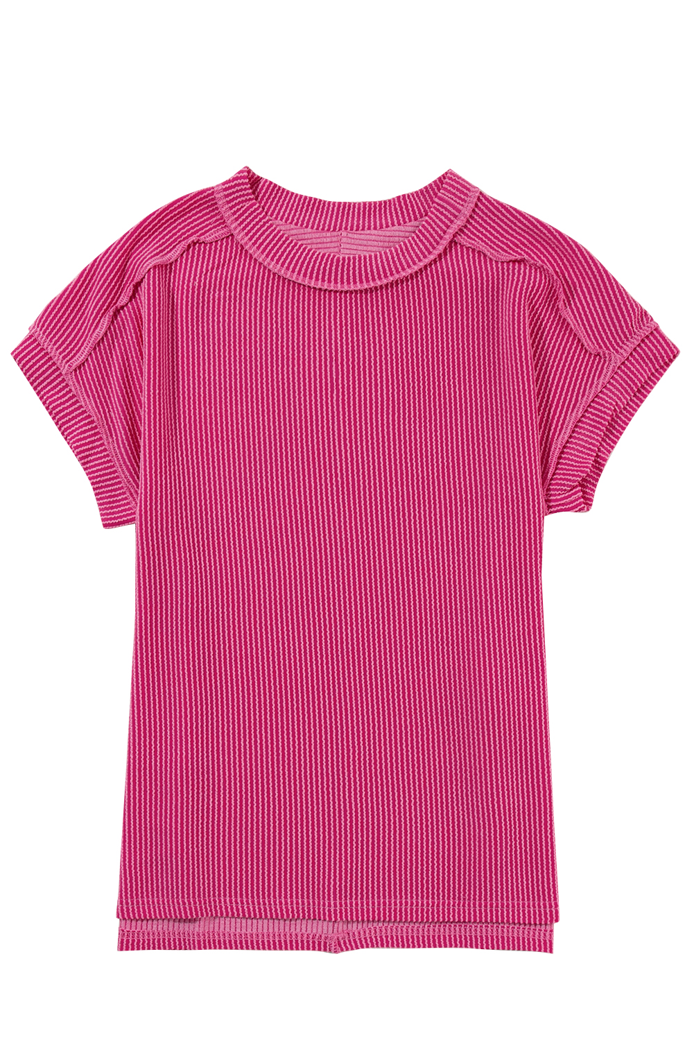Rose Red Crinkle Rib Textured Knit Round Neck T Shirt