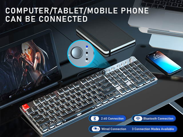 AULA F2090 Mechanical Gaming Keyboard Ultra-thin 104 Keys with 3 Modes(wired+2.4G+bluetooth) Easy-Switch Suitable for PC/MAC/I0S/ Android /Windows