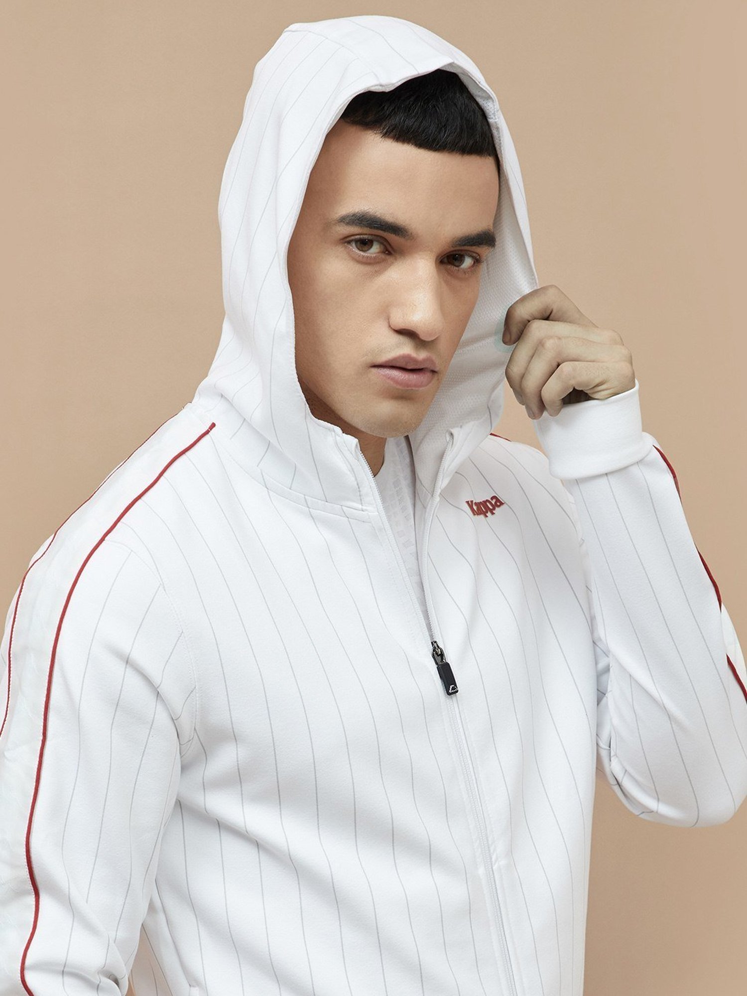 Kappa White Regular Fit Striped Hooded Sweatshirt