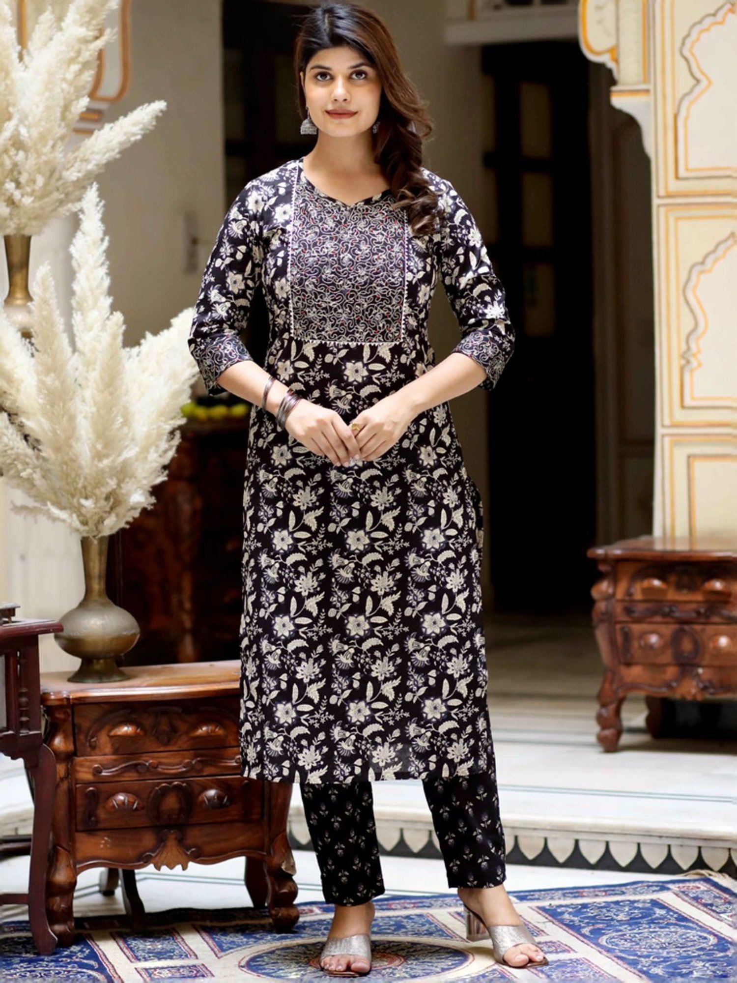 Miravan Black Cotton Embroidered Kurta Pant Set