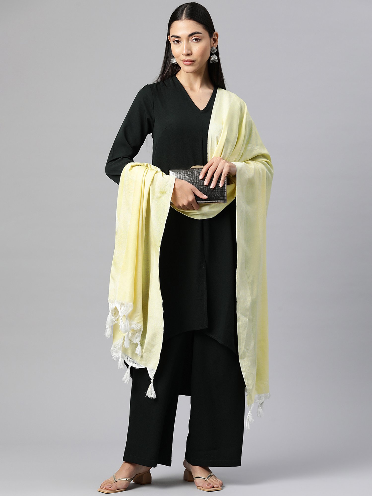 One Femme Yellow Cotton Striped Dupatta