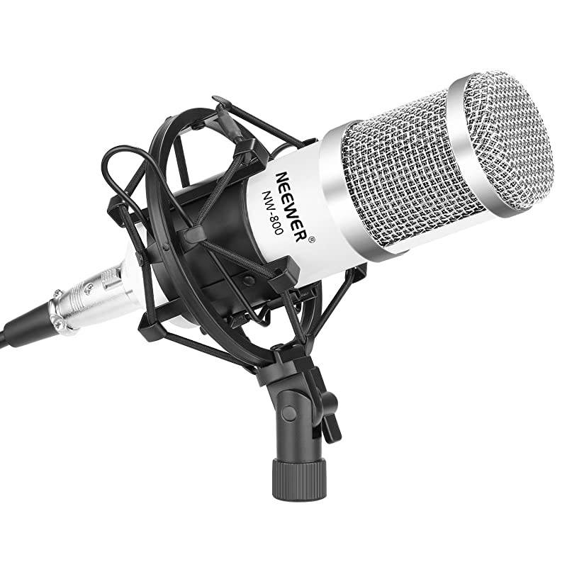 NW800 Pro Studio Broadcasting Recording Condenser Mic Kit with NW35 Adjustable Mic Suspension Scissor Arm Stand with Black Shock Mount and Table Mounting Clamp Pop FilterWhite and Silver