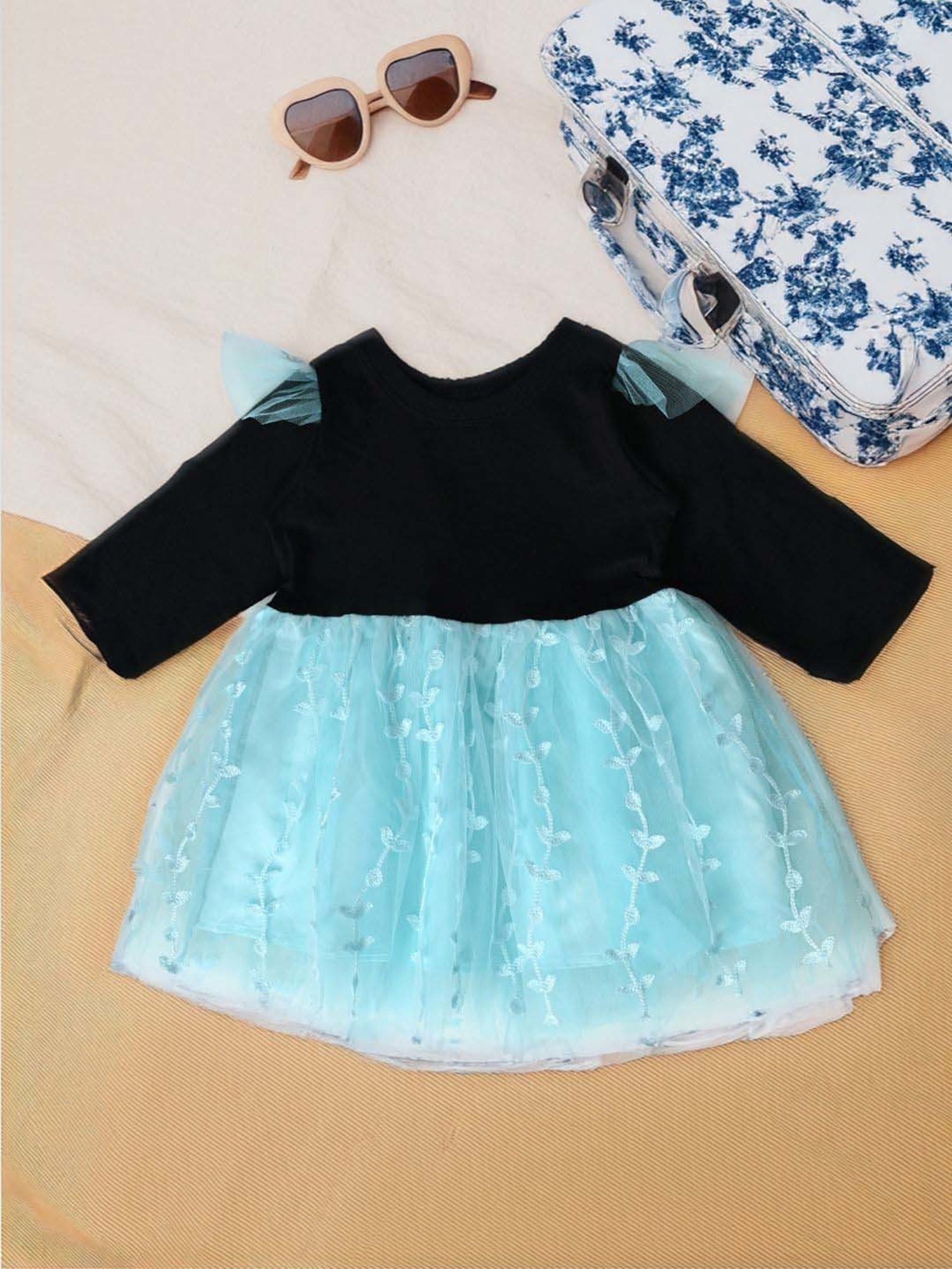 Bella Moda Kids Blue Self Pattern Full Sleeves Dress