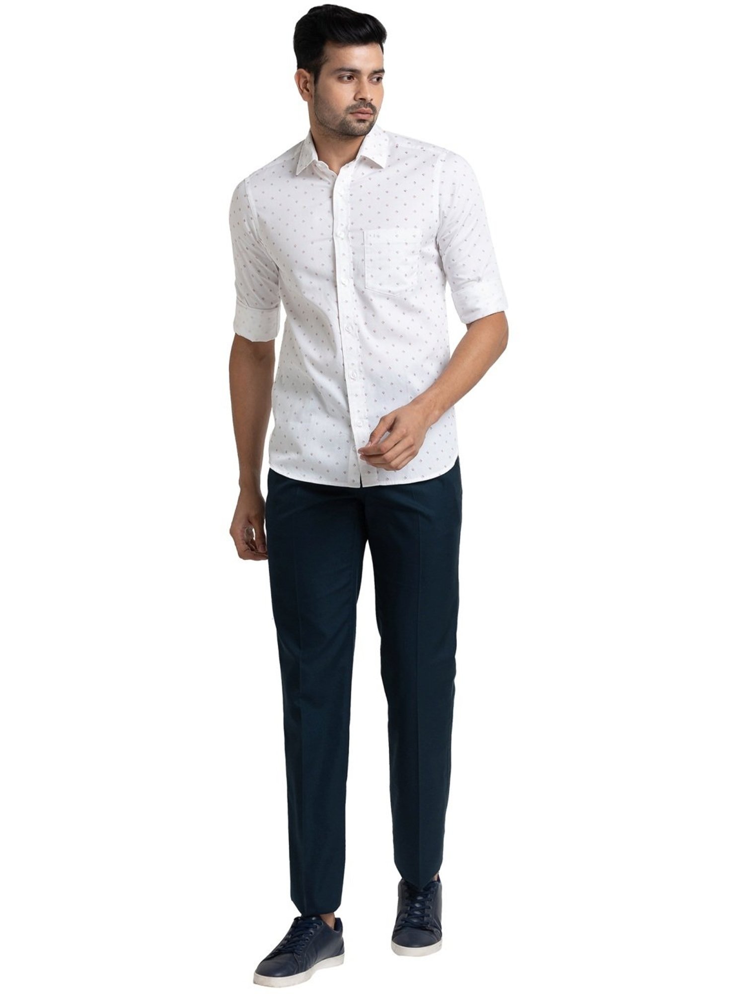 ColorPlus White Cotton Tailored Fit Printed Shirt