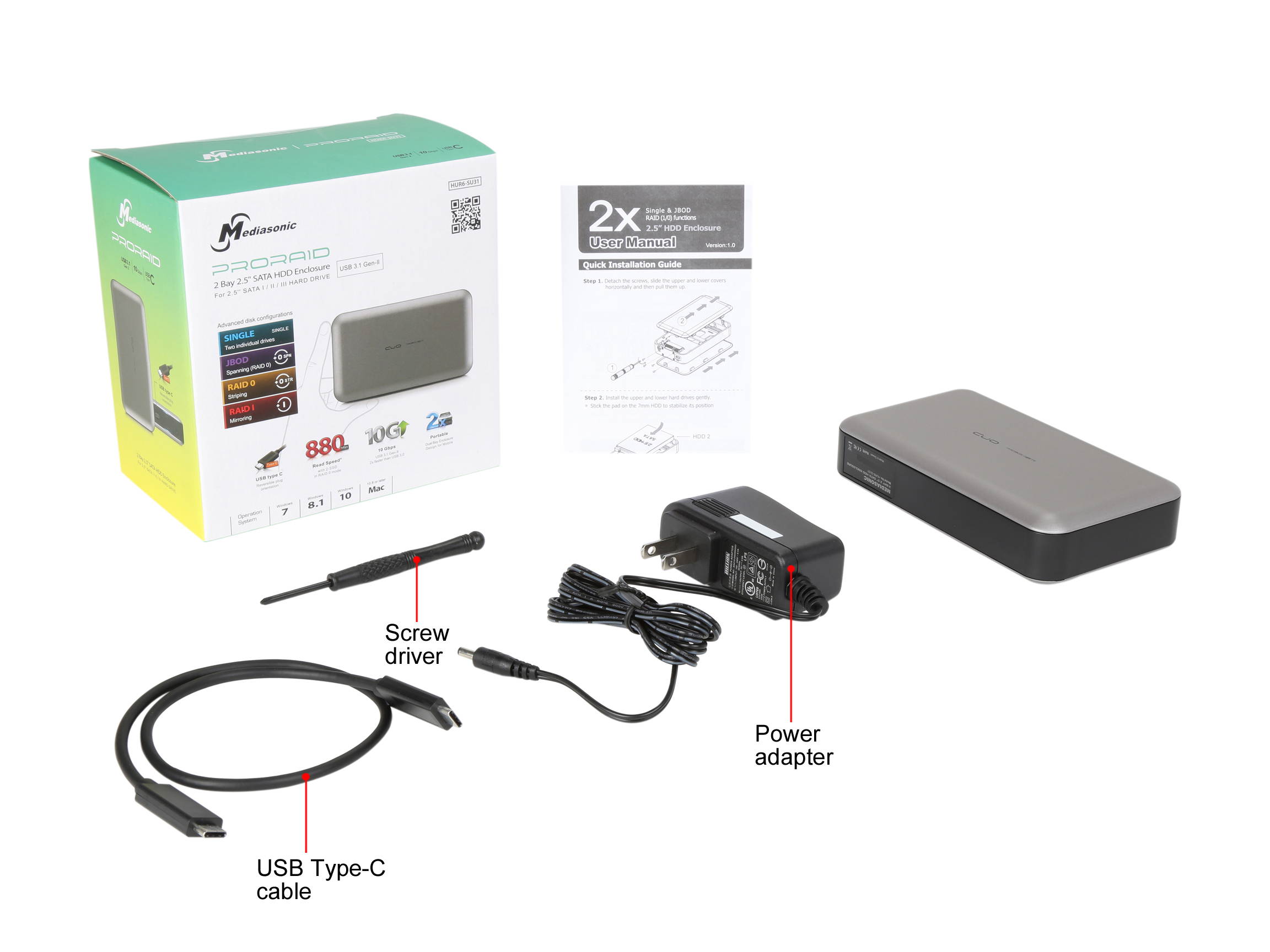 Mediasonic ProRaid HUR6-SU31 ProRaid 2 Bay 2.5" SATA HDD / SSD Enclosure - USB 3.1 Gen-II Type-C