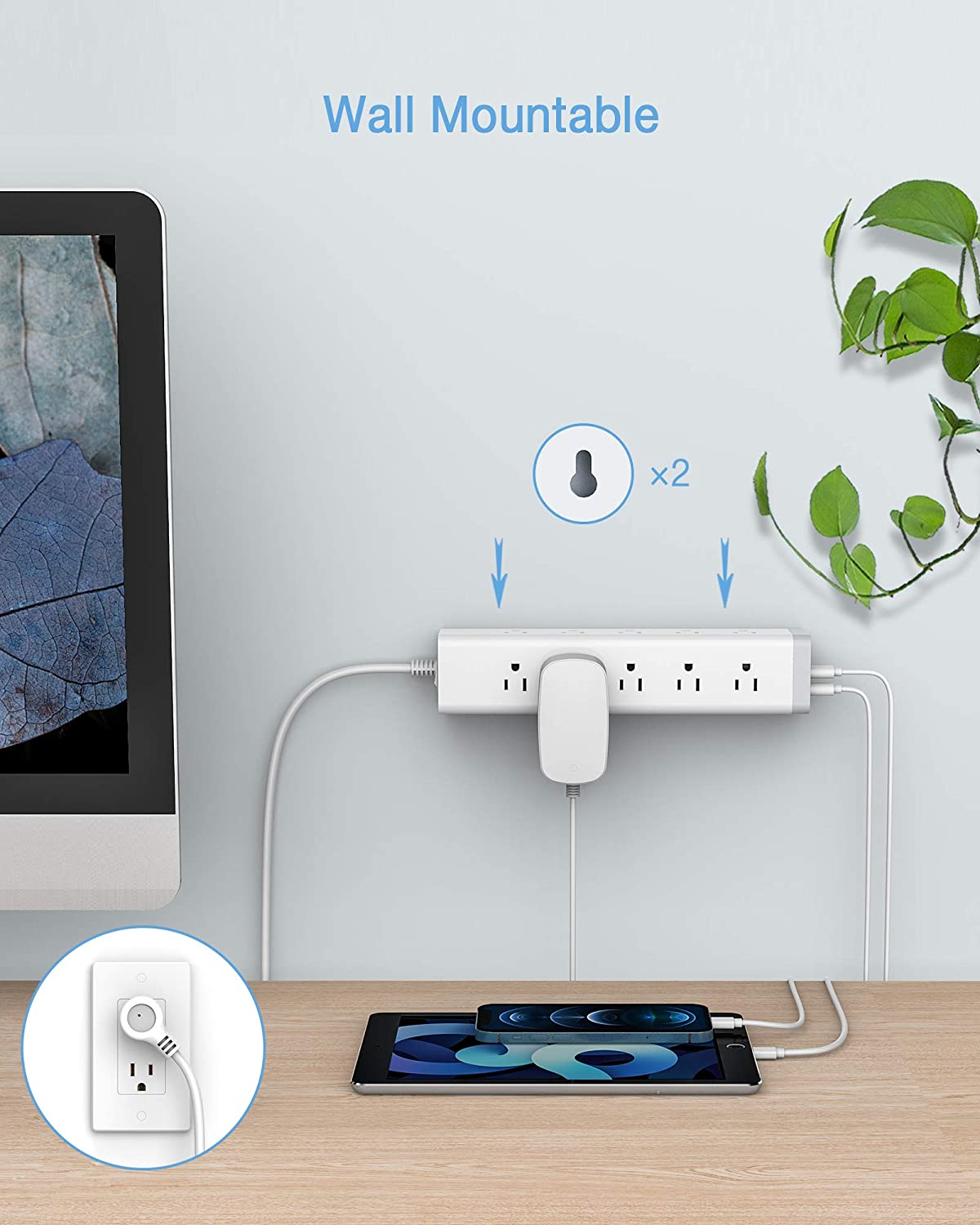 Long Power Strip,  Surge Protector 3 Sided with 15 AC Outlets and 3 USB Charging Ports, Flat Plug Extension Cord 6 Feet 1875W/15A, 1050 Joules, Mountable, White