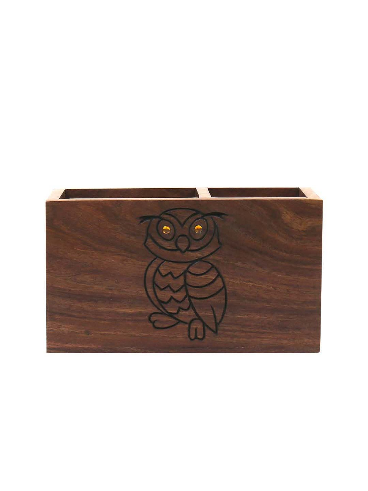 VarEesha Dark Brown Sheesham Wood Wise Owl Penstand - Set of 1