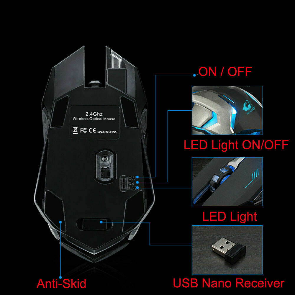 LED Rechargeable Wireless Backlit USB Optical Ergonomic Gaming X7 Mouse Mice