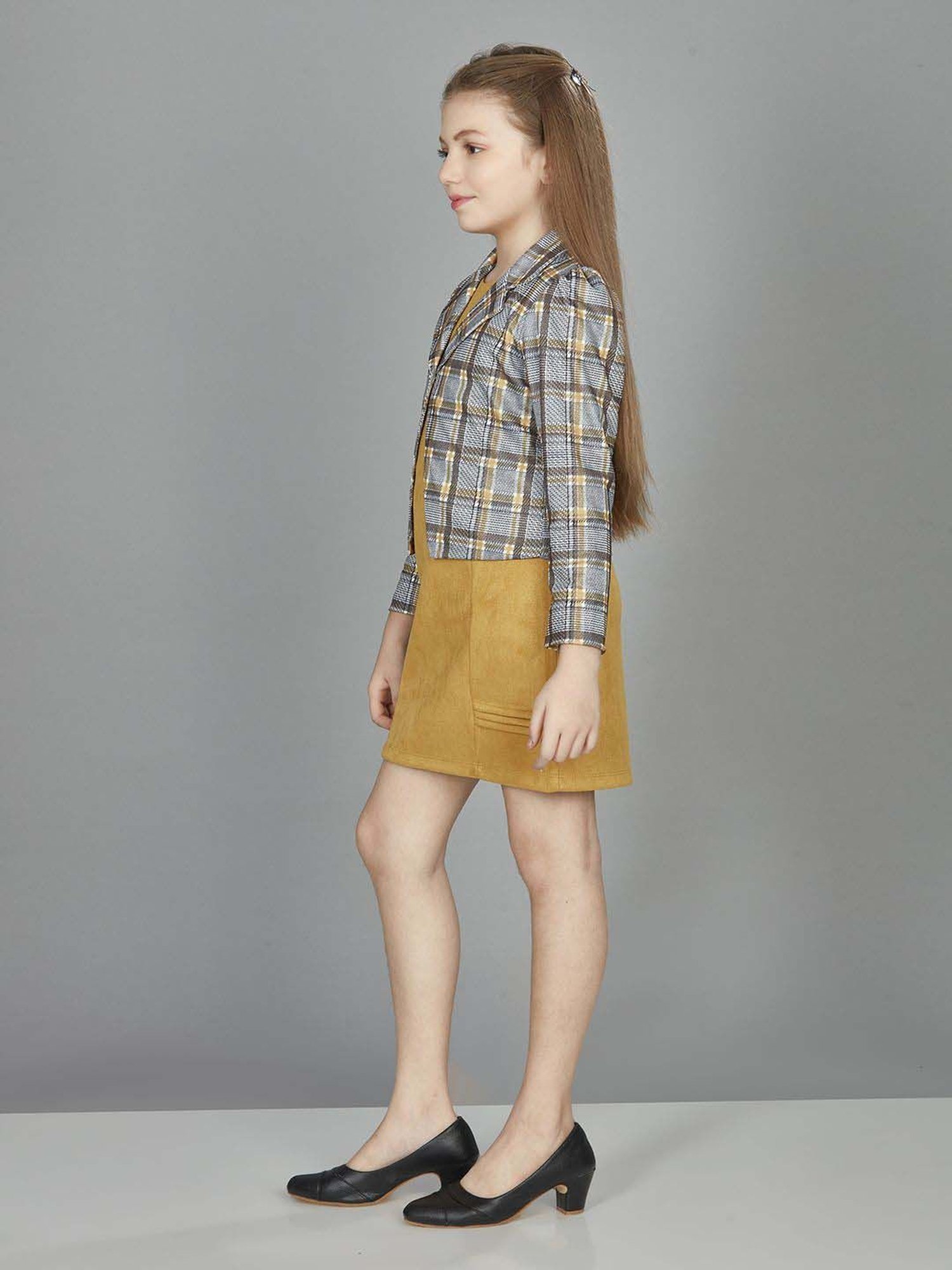 Peppermint Girls Mustard & Grey Checks Full Sleeves Dress Set