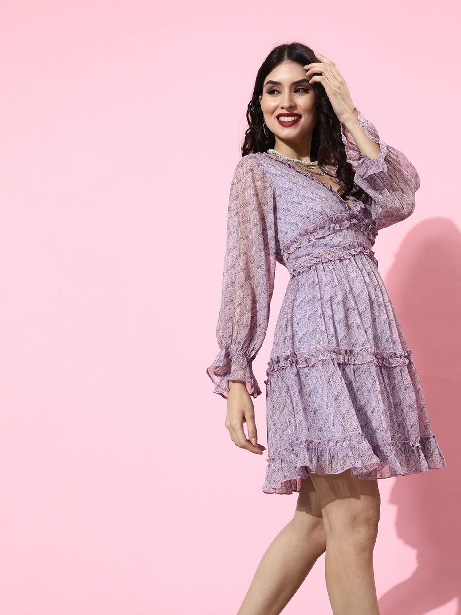 QUIERO Lavender Printed Fit & Flare Dress