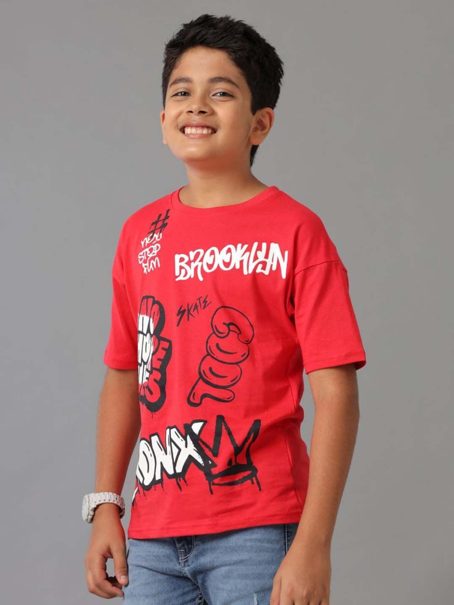 Under Fourteen Only Kids Red Cotton Printed T-Shirt