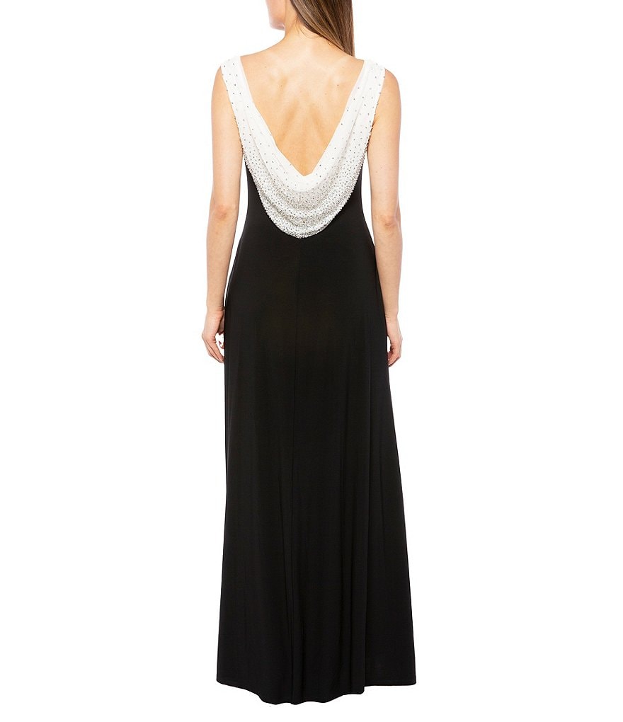 Marina Matte Jersey Beaded Cowl Neck Drape Back Sleeveless Gown