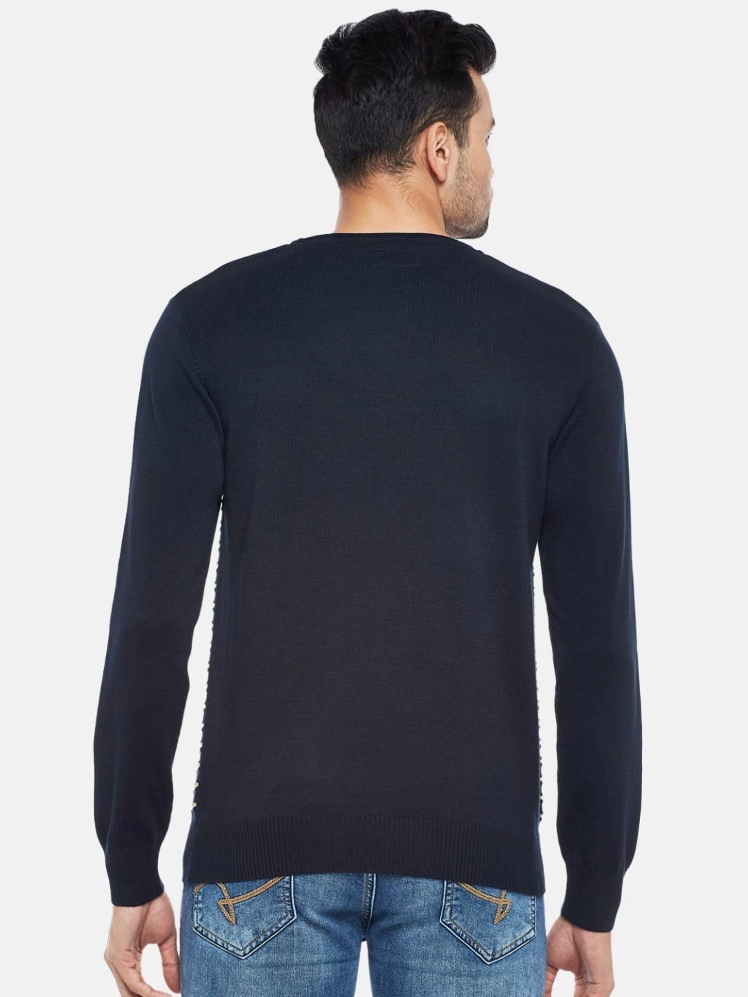 Byford By Pantaloons Navy Cotton Regular Fit Striped Sweaters