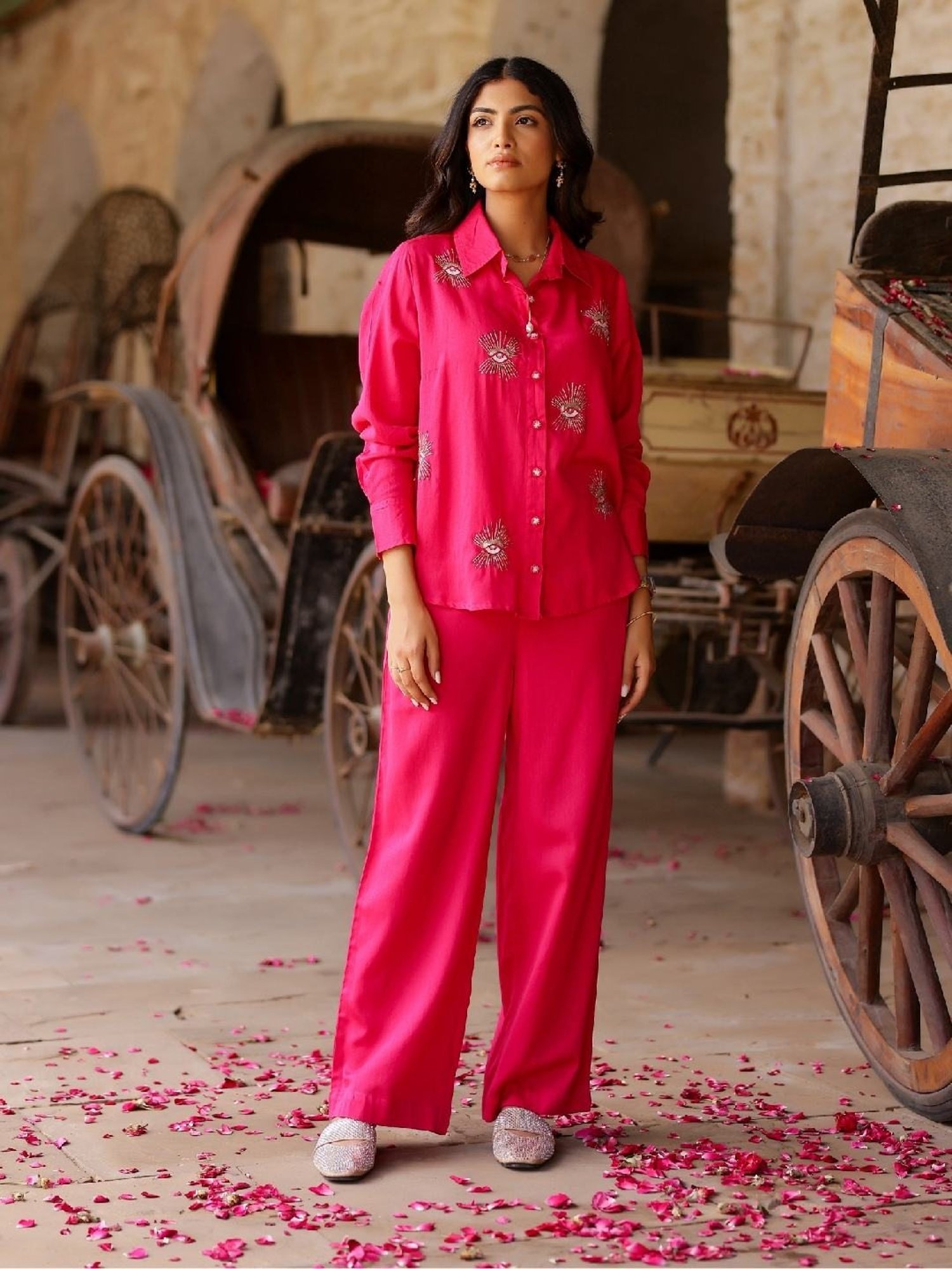 Gulaal Hot Pink Evil Eye Embroidered Shirt with Pant Co-ord Set