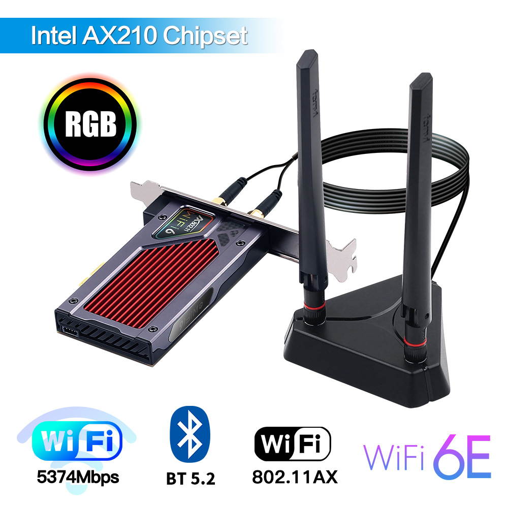 Plugadget Desktop Wi-Fi 6E AX210 PCIe WiFi Adapter 2.4Ghz/5G/6G Bluetooth 5.2 802.11ax Intel AX210NGW Wireless Wifi6 Card Windows 10