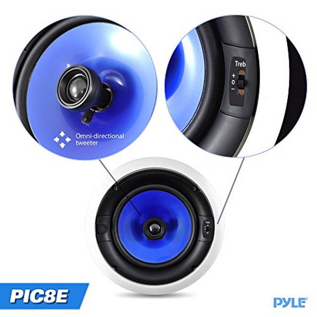 2-Way In-Wall In-Ceiling Speaker System - Dual 8 Inch 300W Pair of Ceiling Wall Flush Mount Speakers w/ 1" Silk Dome Tweeter, Adjustable Treble Control - For Home Theater Entertainment - Pyle PIC8E